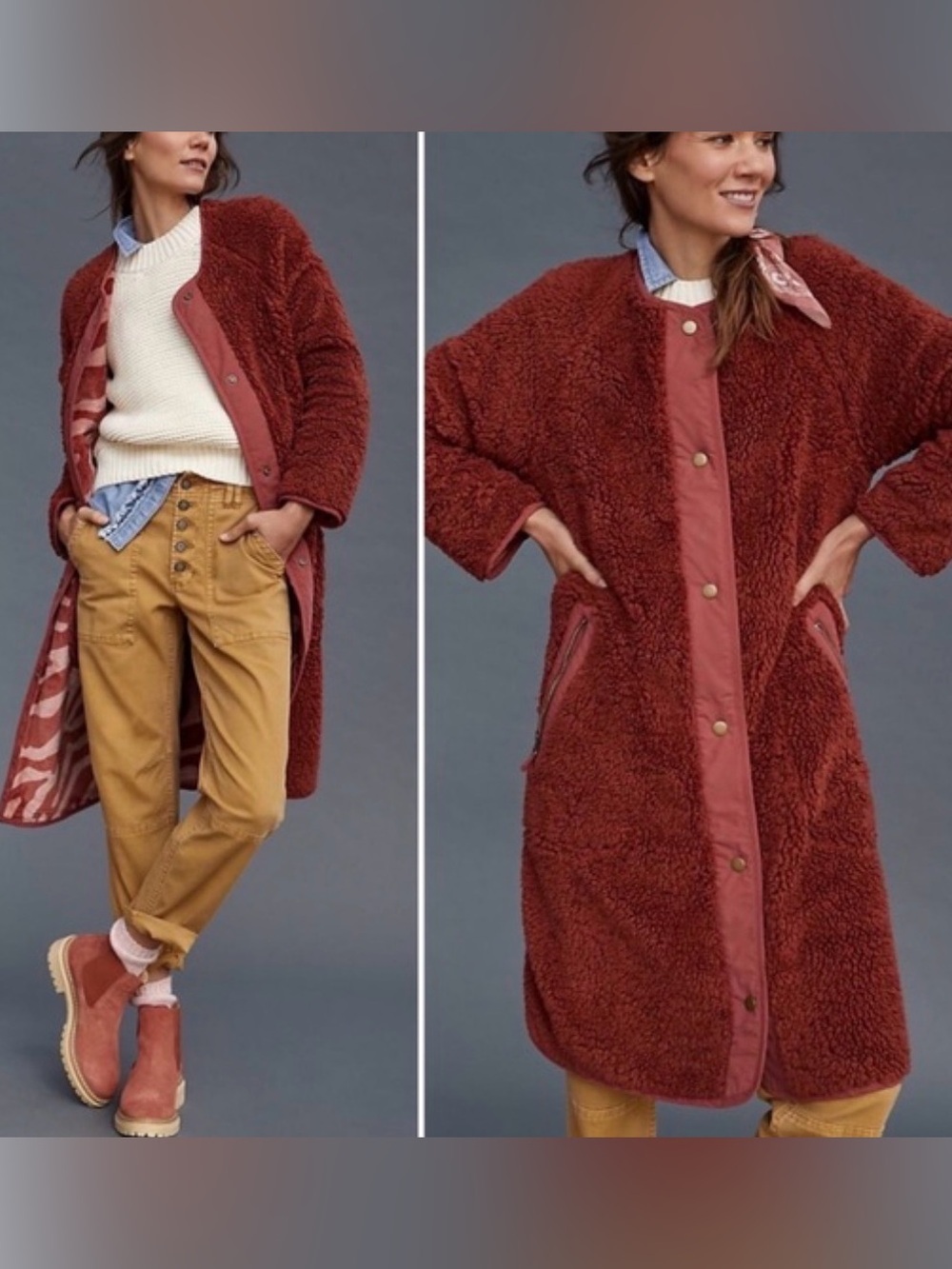 Anthropologie Margot Sherpa Reversible Coat XL Rust Zebra Velour Plush Bohemian